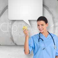 Composite image of happy surgeon holding an apple and smiling at