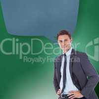 Composite image of smiling businessman with hands on hips with s