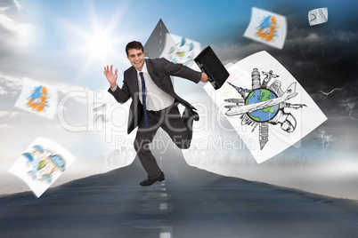 Composite image of cheerful businessman in a hurry