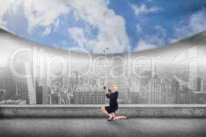 Composite image of businesswoman pulling down blue sky