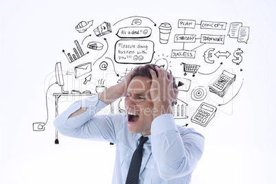 Composite image of stressed businessman with hands on head