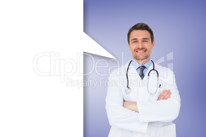 Composite image of handsome young doctor with arms crossed with