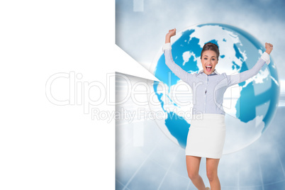 Composite image of excited brunette businesswoman with speech bu