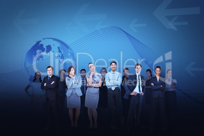 Business team against blue earth background