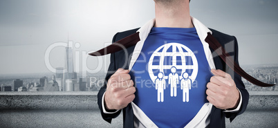 Composite image of businessman opening his shirt superhero style