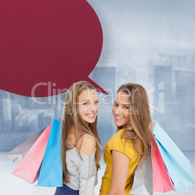 Composite image of two young women with shopping bags with speec