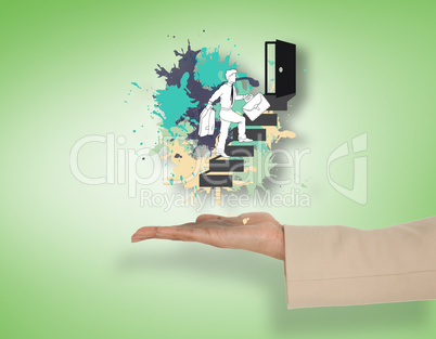 Composite image of female hand presenting businessman climbing s