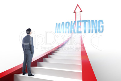 Marketing against red arrow with steps graphic