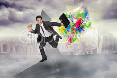 Composite image of smiling businessman in a hurry