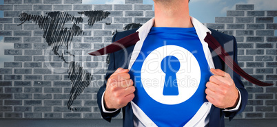 Composite image of businessman opening his shirt superhero style