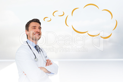 Composite image of handsome young doctor with speech bubble