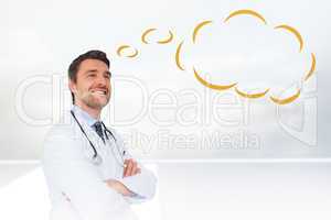 Composite image of handsome young doctor with speech bubble