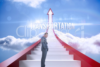 Transportation against red steps arrow pointing up against sky
