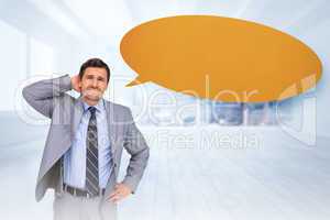 Composite image of thinking businessman with speech bubble