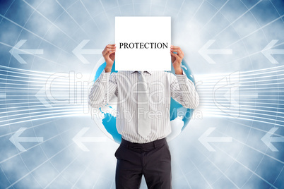 Businessman holding card saying protection