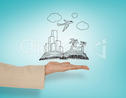 Composite image of female hand presenting vacation graphic