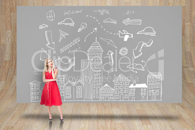 Composite image of thoughtful blonde wearing red dress