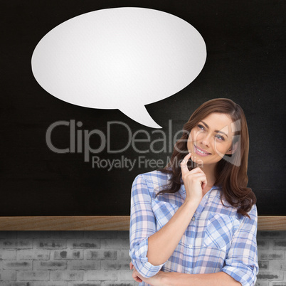 Composite image of thoughtful woman with speech bubble placing h
