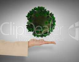 Composite image of female hand presenting green sphere