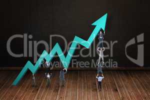 Composite image of business teamwork pushing arrow