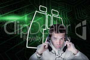 Composite image of binoculars and businessman tangled in wires