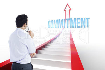 Commitment against red arrow with steps graphic