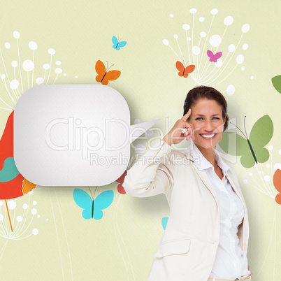 Composite image of thinking businesswoman with speech bubble