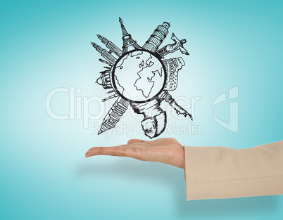 Composite image of female hand presenting global travel graphic