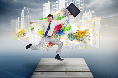 Composite image of cheerful jumping businessman with his suitcas