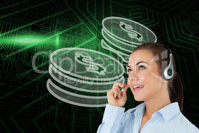 Composite image of coins and call centre worker