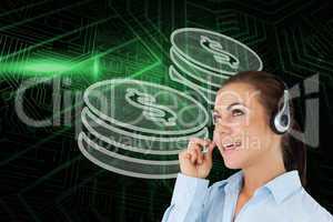 Composite image of coins and call centre worker