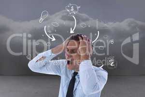 Composite image of stressed businessman with hands on head