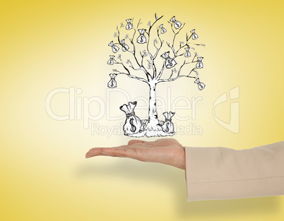 Composite image of female hand presenting money tree