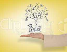 Composite image of female hand presenting money tree
