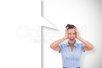 Composite image of stressed businessswoman with speech bubble