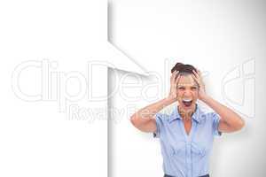 Composite image of stressed businessswoman with speech bubble