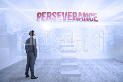 Perseverance against city scene in a room