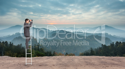 Composite image of businessman standing on ladder