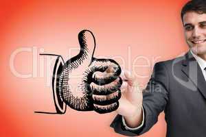 Composite image of businessman drawing thumbs up