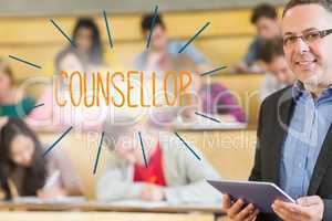 Counsellor against lecturer standing in front of his class in le