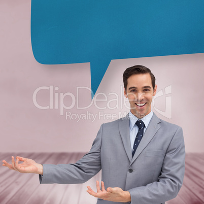 Composite image of young businessman presenting something