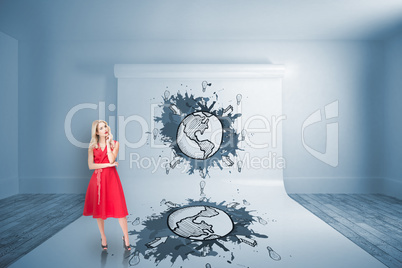 Composite image of thoughtful blonde wearing red dress