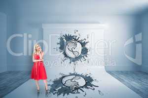 Composite image of thoughtful blonde wearing red dress