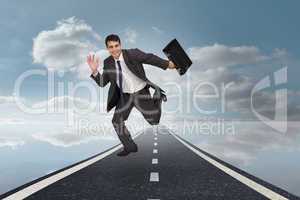 Composite image of cheerful businessman in a hurry
