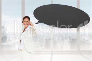 Composite image of thinking businesswoman with speech bubble