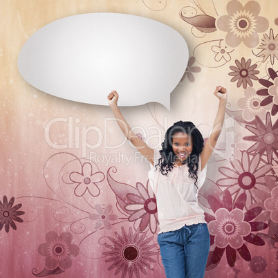 Composite image of a young happy woman with speech bubble