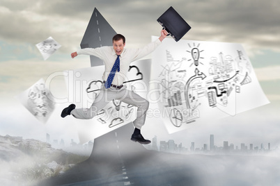 Composite image of cheerful jumping businessman with his suitcas