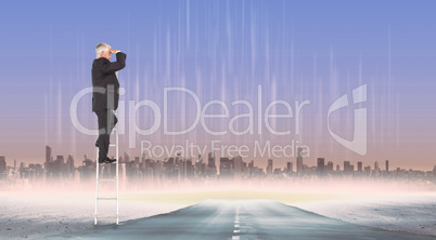 Composite image of mature businessman standing on ladder