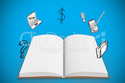 Composite image open book under doodles with business icons