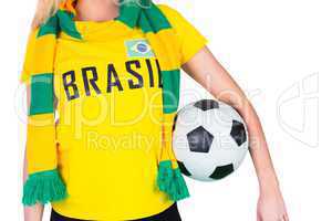 Football fan in brasil tshirt holding ball